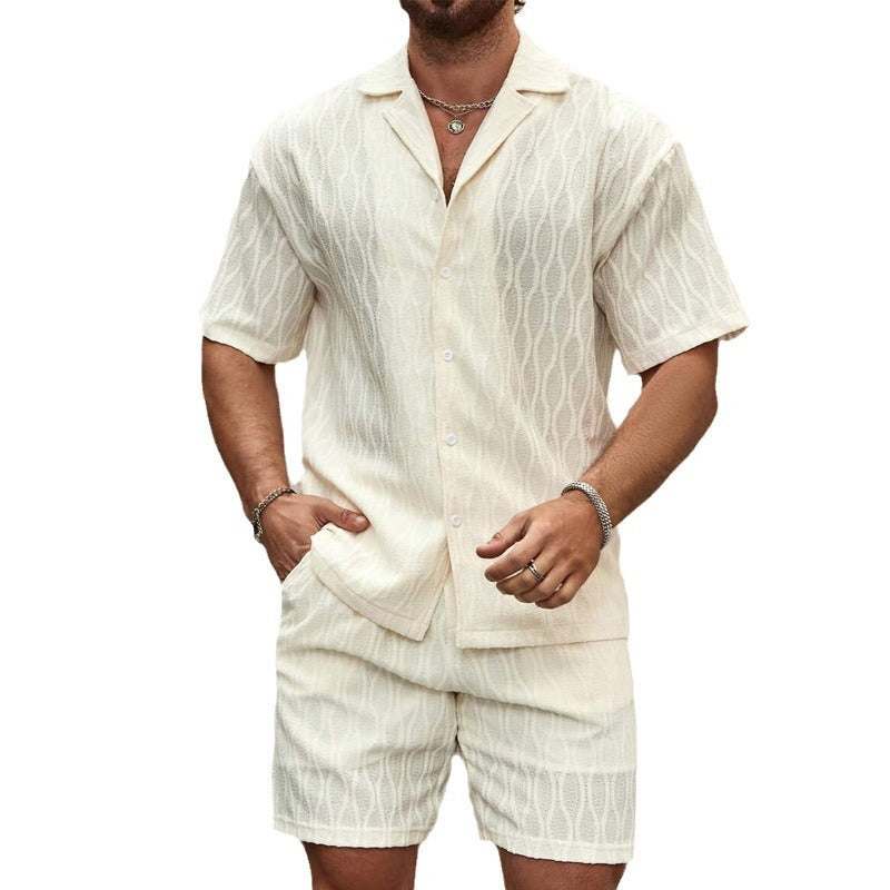 Men's milky white summer tracksuit set with short sleeves and shorts in cotton blend fabric